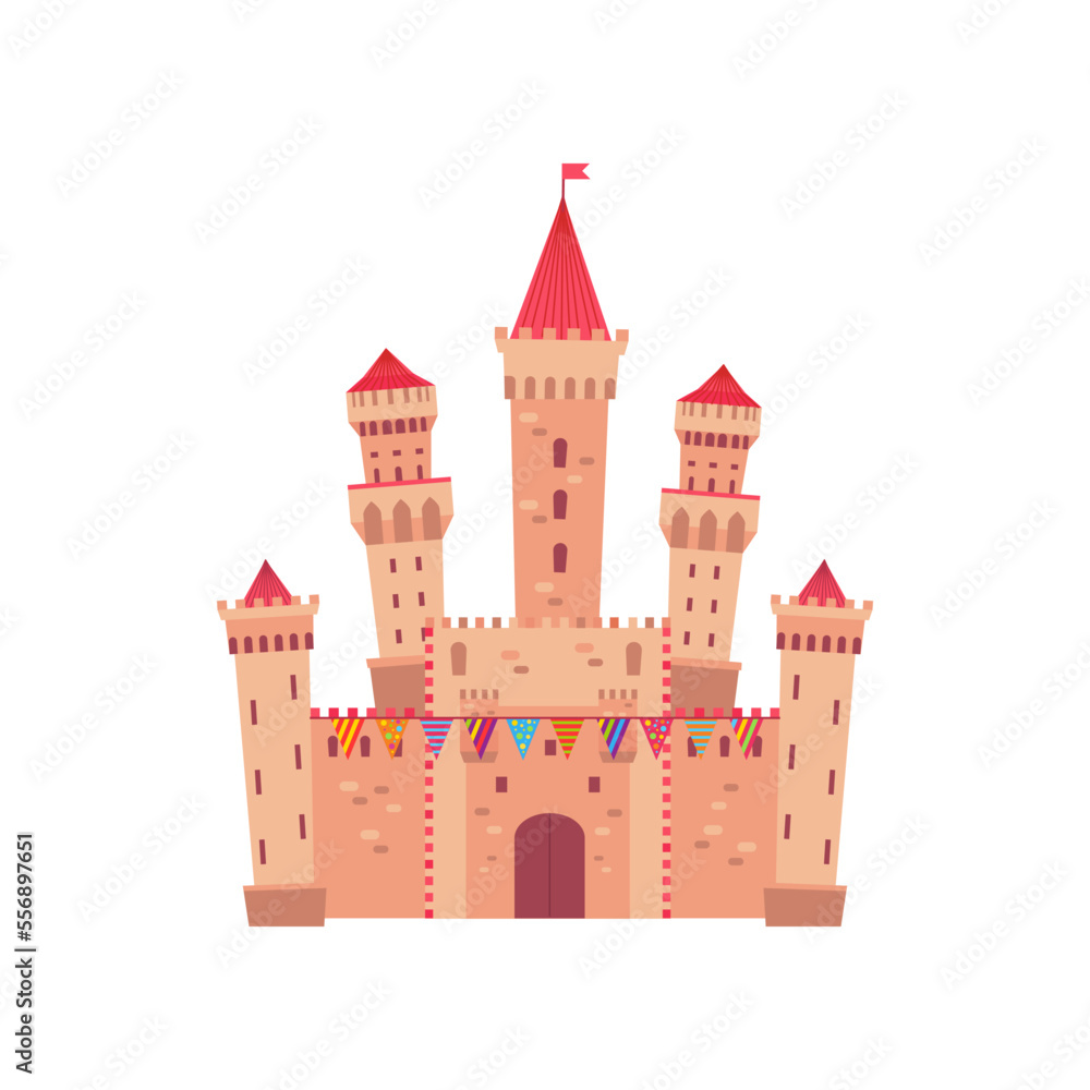 Amusement park castle flat vector illustration. Cartoon drawing of attraction for carnival or fair on white background. Entertainment, fantasy concept