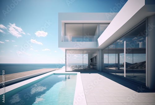 beautiful illustration of white villa with blue seascape © QuietWord