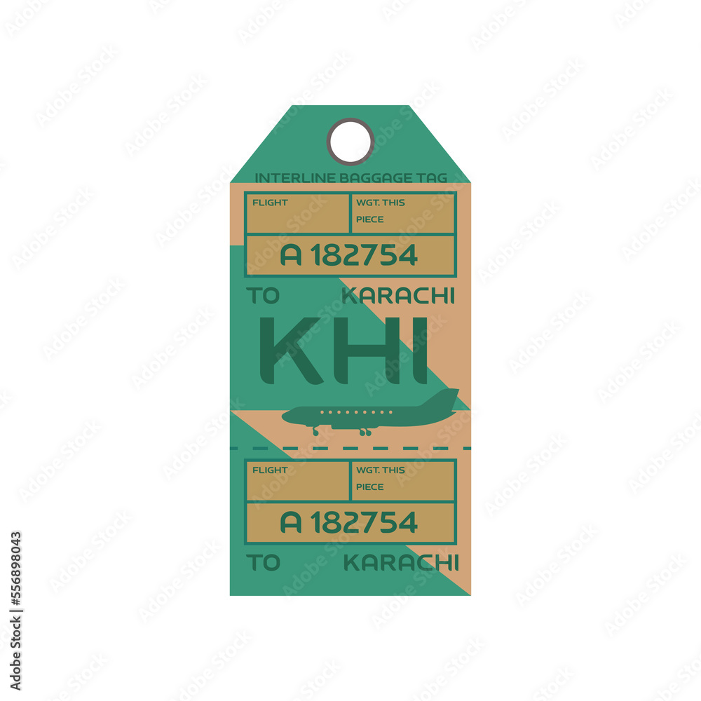 Fototapeta premium Vintage rectangular suitcase label or ticket design with Karachi for plane trips. Retro tag for luggage at airport flat vector illustration. Traveling concept
