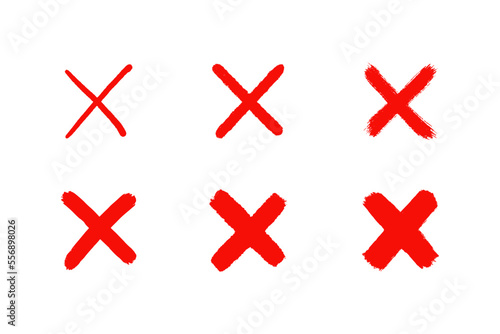 Grunge hand drawn red cross mark. Brush drawn symbols NO and X. Cross X for check box. False icons. Vector illustration isolated on white background.