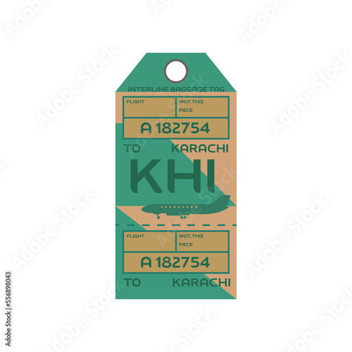 Vintage rectangular suitcase label or ticket design with Karachi for plane trips. Retro tag for luggage at airport flat vector illustration. Traveling concept