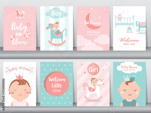 Baby shower invitations cards with babies boy and girl,cute design,poster,template,Vector illustrations.
