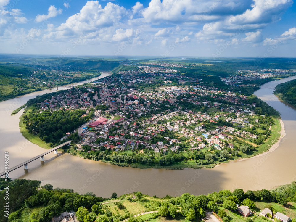 Panorama of Zalishchyky and the Dniester River from viewpoint in Khreshchatyk village, Ukraine.
