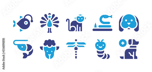 Animals icon set. Duotone color. Vector illustration. Containing anglerfish  peacock  monkey  snake  cruelty free  animals  sheep  dragonfly  worm  therapy dog.