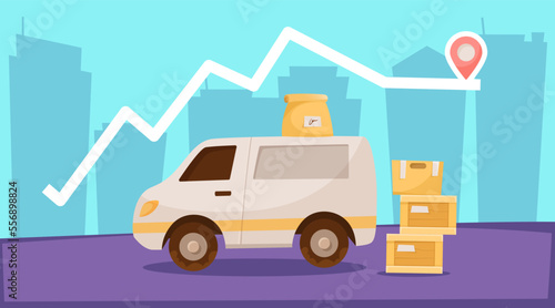 Delivery truck with boxes and packages vector illustration. Cartoon drawing of van delivering internet orders, silhouette of city buildings. Delivery service, transportation, logistics concept