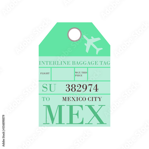 Vintage green suitcase label or ticket design with Mexico for plane trips. Retro tag for luggage at airport flat vector illustration. Traveling concept