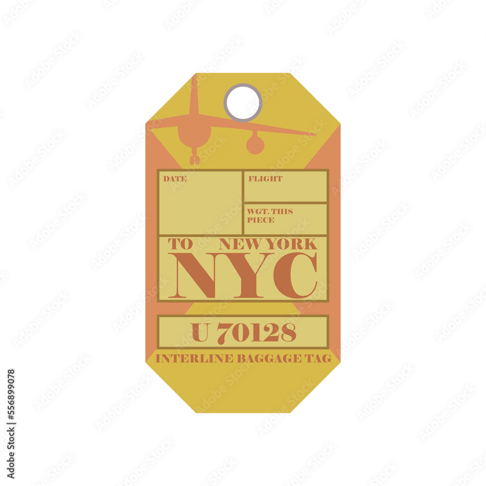 Vintage suitcase label or ticket design with New York for plane trips. Retro tag for luggage at airport flat vector illustration. Traveling concept
