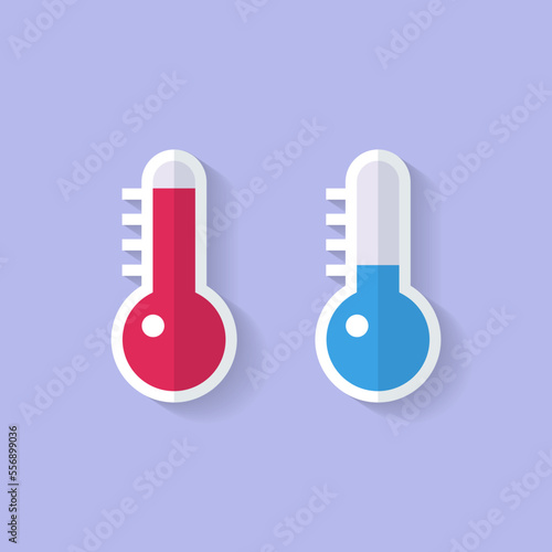 Cold hot icon temperature thermometer sticker vector or red blue warm heat and cool freeze scale degree measurement flat graphic illustration clipart image