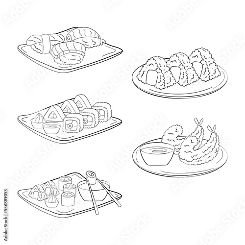 Set of sushi, onigiri and shrimp on plates, line art. vector illustration on a white background