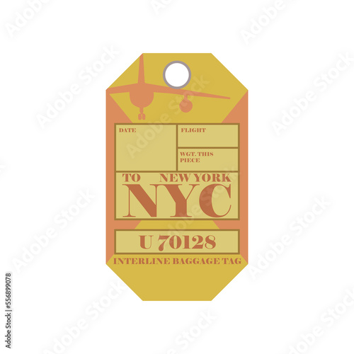 Vintage suitcase label or ticket design with New York for plane trips. Retro tag for luggage at airport flat vector illustration. Traveling concept