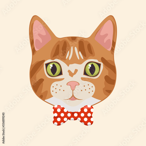 Cute orange and white cat head with bowtie cartoon illustration. Stylish animal face or muzzle. Hipster kitten wearing modern or trendy accessory. Pet, fashion concept