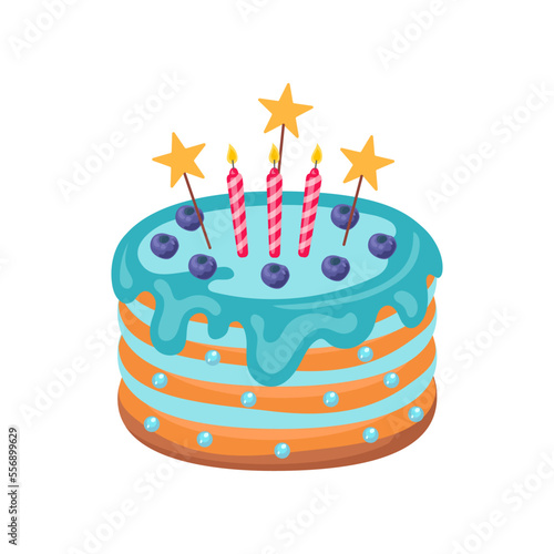 Celebration or party cake vector illustration. Cartoon drawing of party desert on white background. Birthday, holiday, decoration concept