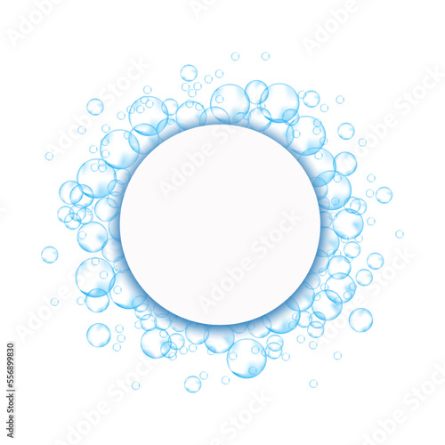 Effervescent soap bubbles frame. Blue foam suds isolated on white background. Realistic vector illustration.