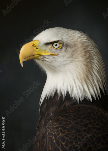 closeup of an american bald white eagle with a gaze sharp look on dark background