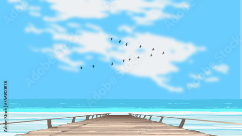A beige wooden bridge leads to the sea on the beach, flocks of birds fly in the sky full of white clouds, vector illustration