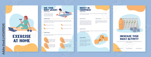 Exercise at home flat vector brochure template. Workout booklet, leaflet printable flat color designs. Editable magazine page, reports kit with text space. Nerko One, Quicksand, Comfortaa fonts used