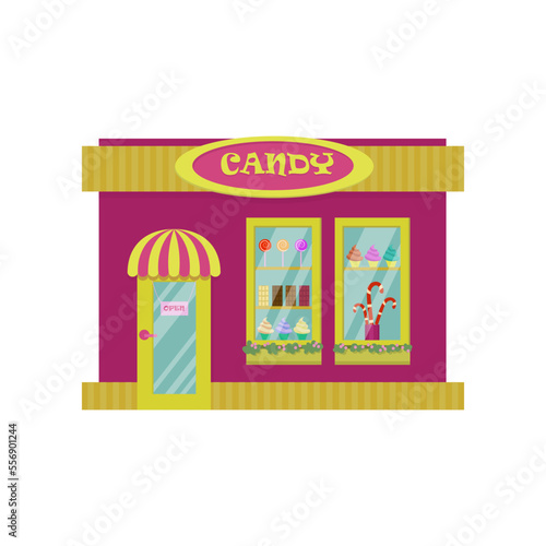 Exterior of sweetshop isolated on white background. Shop building facade cartoon illustration. Store windows concept