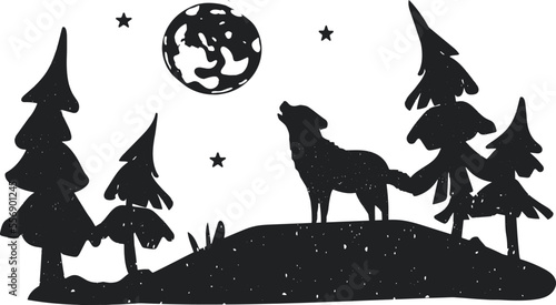wolf in the forest howling at the moon vector cartoon silhouette. forest and wolf silhouette vector illustration