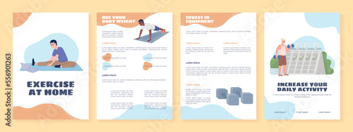 Home training flat vector brochure template. Sport booklet, leaflet printable flat color designs. Editable magazine page, reports kit with text space. Sigmar One, Balsamiq Sans, Comfortaa fonts used
