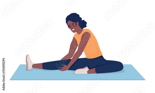Woman stretching workout semi flat color vector character. Editable figure. Full body people on white. Flexibility exercises simple cartoon style illustration for web graphic design and animation