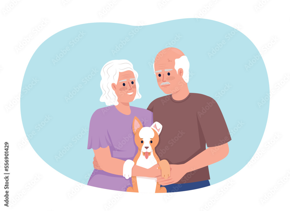 Joyful retired couple with puppy in hands 2D vector isolated illustration. Strong relationships flat characters on cartoon background. Colorful editable scene for mobile, website, presentation Joyful retired couple with puppy in hands 2D vector isolated illustration. Strong relationships flat characters on cartoon background. Colorful editable scene for mobile, website, presentation