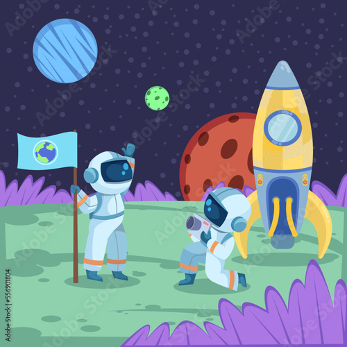 Astronauts with flag and camera on moon vector illustration. Cartoon drawing of cartoon characters in spacesuits taking photos. Space, discovery, astronomy concept