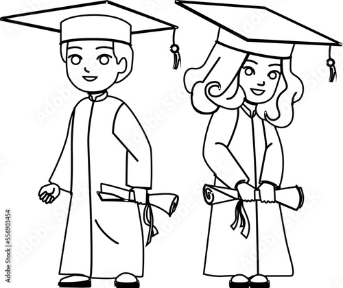 graduation kid line pencil drawing vector. school education, graduate child, diploma success, cute girl, student happy, kindergarten graduation kid character. people Illustration