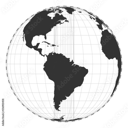 Vector world map in orthographic projection. A plain geographical map with latitude and longitude lines, centered at 60 degrees east longitude.