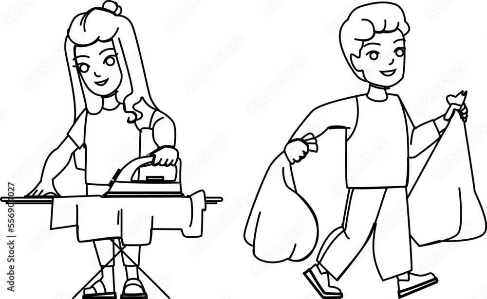 household kid line pencil drawing vector. home family, house child, children lifestyle, clean happy, housework room household kid character. people Illustration
