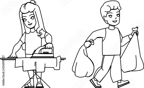 household kid line pencil drawing vector. home family, house child, children lifestyle, clean happy, housework room household kid character. people Illustration