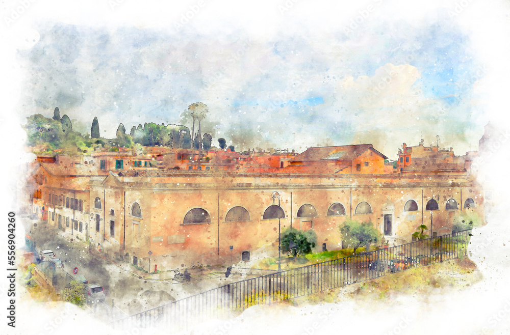 Digital illustration in watercolor style of the old quarter in Rome, where modern offices and small hotels are located