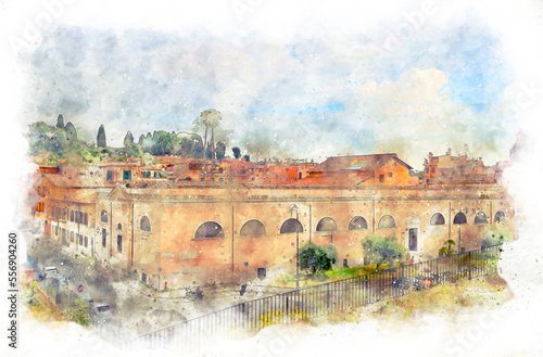Digital illustration in watercolor style of the old quarter in Rome, where modern offices and small hotels are located