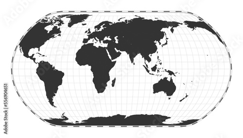 Vector world map. Natural Earth projection. Plain world geographical map with latitude and longitude lines. Centered to 60deg W longitude. Vector illustration.