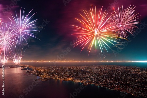 New Year s Fireworks Celebration over World Cities and Landmarks Illustration Background Image