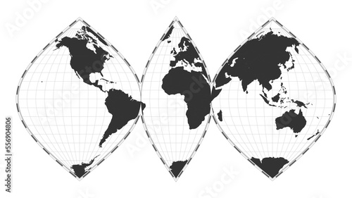 Vector world map with an interrupted sinusoidal projection. Features a plain geographical map with latitude and longitude lines, centered at 0 degrees longitude.