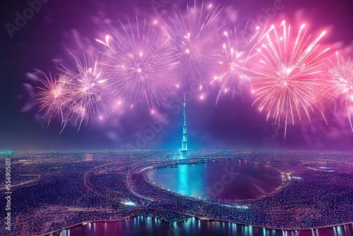 New Year's Fireworks Celebration over World Cities and Landmarks Illustration Background Image photo