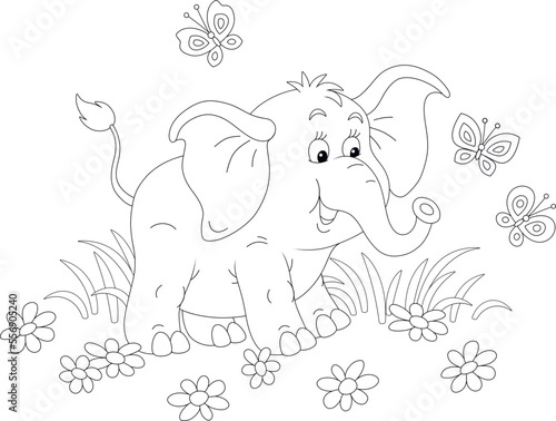 Friendly smiling little baby elephant playing with merrily fluttering butterflies among summer field flowers, black and white outline vector illustration for a coloring book