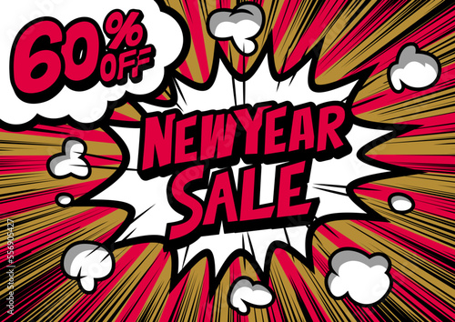 60%off New Year Sale retro typography pop art background, an explosion in comic book style.