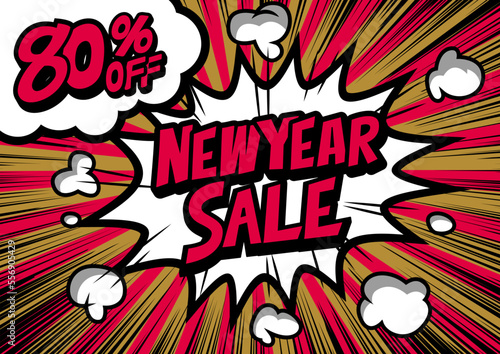 80%off New Year Sale retro typography pop art background, an explosion in comic book style.