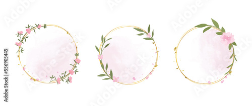 Set of luxury wedding frame element vector illustration. Watercolor floral leaf branch wreath with golden circle frame and brush stroke. Design suitable for frame, invitation card, poster, banner.