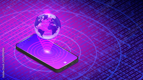 Vector 3d smartphone with a glowing hologram of the planet Earth on the background of digital space. Futuristic internet technologies. Virtual content around the world. High tech poster.