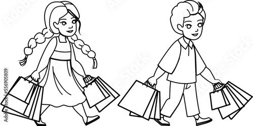 shopping kid line pencil drawing vector. girl child, happy store, shop family, little childhood, cute casual, female buy shopping kid character. people Illustration