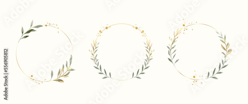 Set of luxury wedding frame element vector illustration. Watercolor and golden leaf branch with circle frame and brush stroke texture. Design suitable for frame, invitation card, poster, banner.