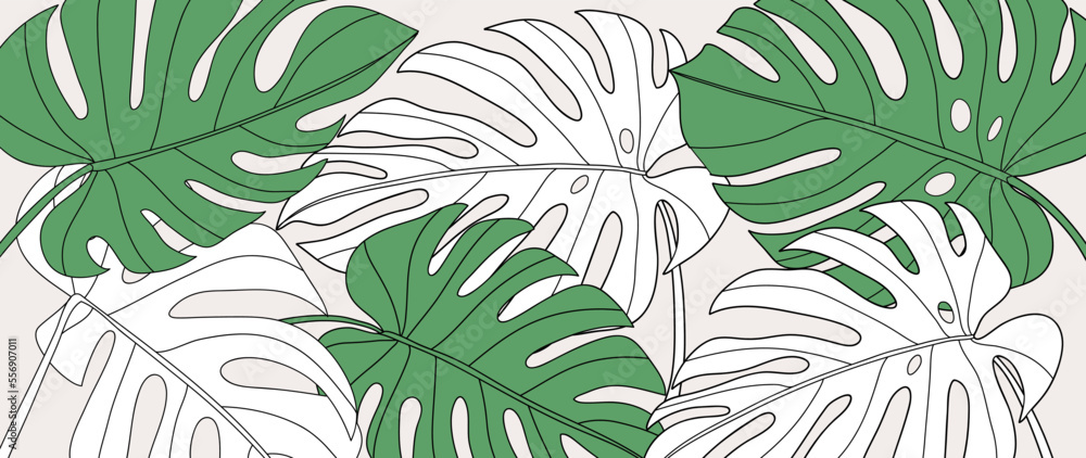 Botanical foliage line art background vector illustration. Tropical monstera leaves pattern background line art. Design for wallpaper, home decor, website, packaging, print, poster, cover, banner.