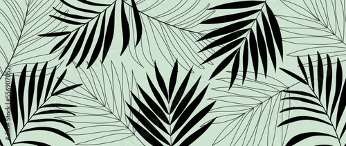 Botanical foliage line art background vector illustration. Tropical palm leaves pattern background line art. Design for wallpaper, home decor, website, packaging, print, poster, cover, banner.