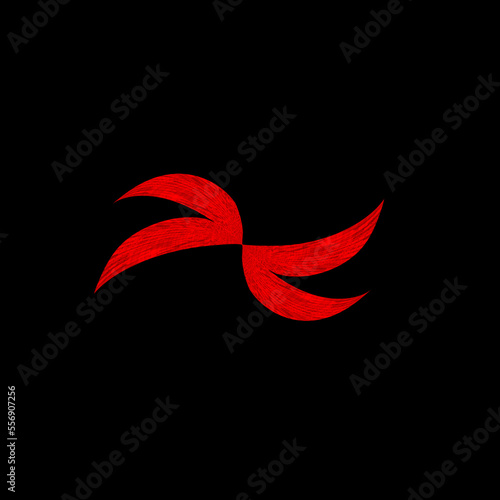 red graphic leaf or wing design on black square background