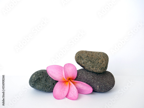 Pebbles with Bali flower. Template for spa salon, cosmetic, massage advertising