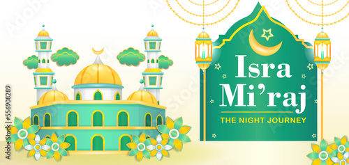 Isra Miraj, 3d illustration of a mosque with flower and cloud ornaments