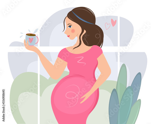 A sweet and tender pregnant woman in a red dress holds a cup of coffee or tea in her hands. Vector flat isolated illustration on window background. Morning charge awakening. Hand on stomach.