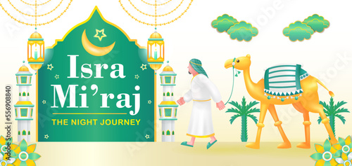 Isra Miraj, 3d illustration of a man carrying a camel with floral and cloud ornaments
